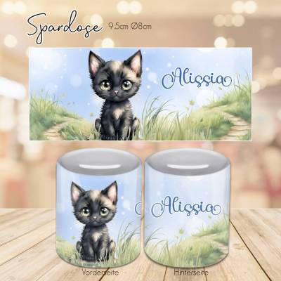 Personalisierte Spardose mit Kätzchen blau- Spardose mit Katze - Wunschname - Sparbüchse - Geldbüchse - personalisierung