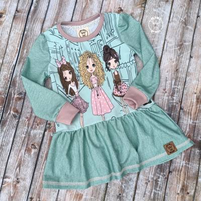 Langarmshirt mit Volant Kleid Größe 92 Mädchen türkis und rosa