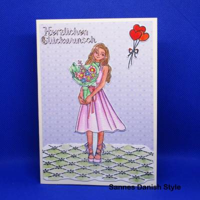 Herzlichen Glückwunschkarte DIN A6 mit junger Frau, Blumenstrauß & Herzballons – Aquarellkarte für Freundin oder Schwester