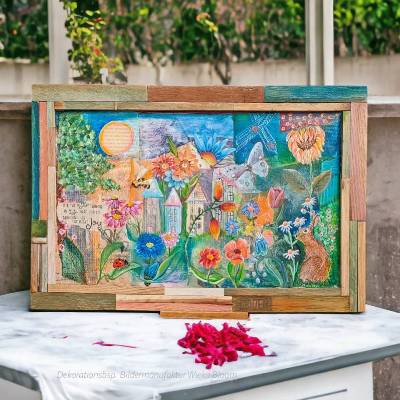 Handgemaltes Blumenbild Acryl im Mixed Media Stil handgemachter Rahmen Upcycling von Holz Papier Wanddeko Landhausstil