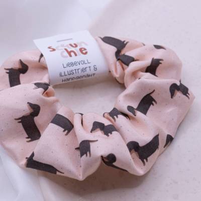 Scrunchie Dackel Haarband Hunde handgezeichnet - handgenähter Haargummi Zopfgummi rosa Hundemuster Dackel Geschenk haars
