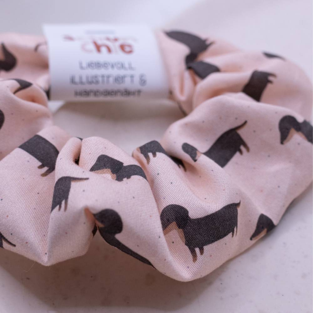 Scrunchie Dackel Haarband Hunde handgezeichnet - handgenähter Haargummi Zopfgummi rosa Hundemuster Dackel Geschenk haars Bild 4