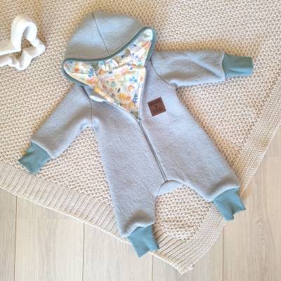 Wollwalk Anzug, Walkoverall Gr. 56/62, hellmint , Blumenfeld