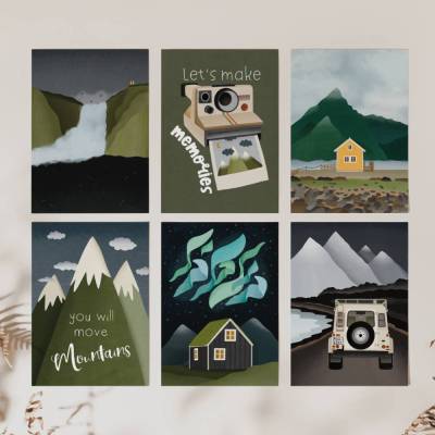 Postkarten-Set Reise Norden A6 Reisekarten Abenteuer Berge Skandinavien - Nordlichter Karten - Geschenkverpackung Reise 