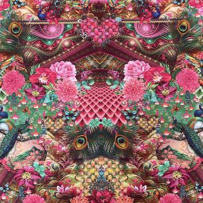 Stenzo Baumwollstoff Cotton Canvas mit Pfau und Lotusblume in pink, türkis und gold