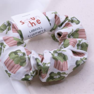 Scrunchie Pflanze Pilea Haarband handgezeichnet Topfpflanze - handgenähter Haargummi Zopfgummi Monstera Geschenk 