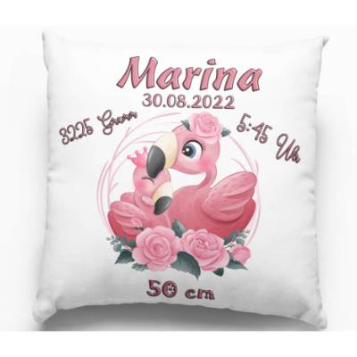 Baby Geschenke zur Geburt Kissen mit Namen personalisiert - Taufgeschenk Mädchen & Junge Taufe Süßes Flamingo
