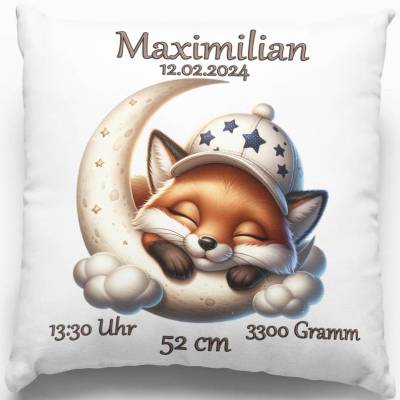 Baby Geschenke zur Geburt Kissen mit Namen personalisiert - Taufgeschenk Mädchen & Junge Taufe Fuchs auf Mond