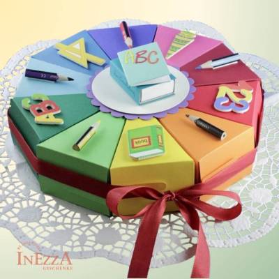 Torte Einschulung Schachteltorte Schulanfang Geldgeschenk Gastgeschenk Papiertorte Junge Mädchen Regenbogen bunt