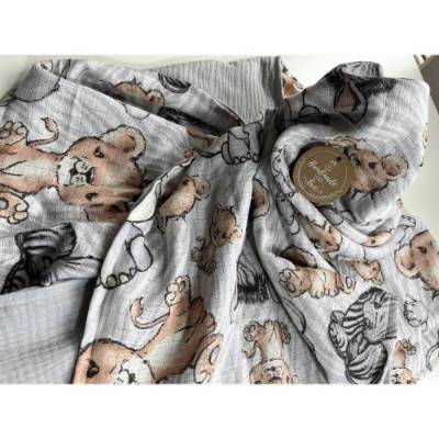 Baby Kuscheldecke Schmusetuch aus Musselin Safaritiere grau handmade Geschenk Geburt neu
