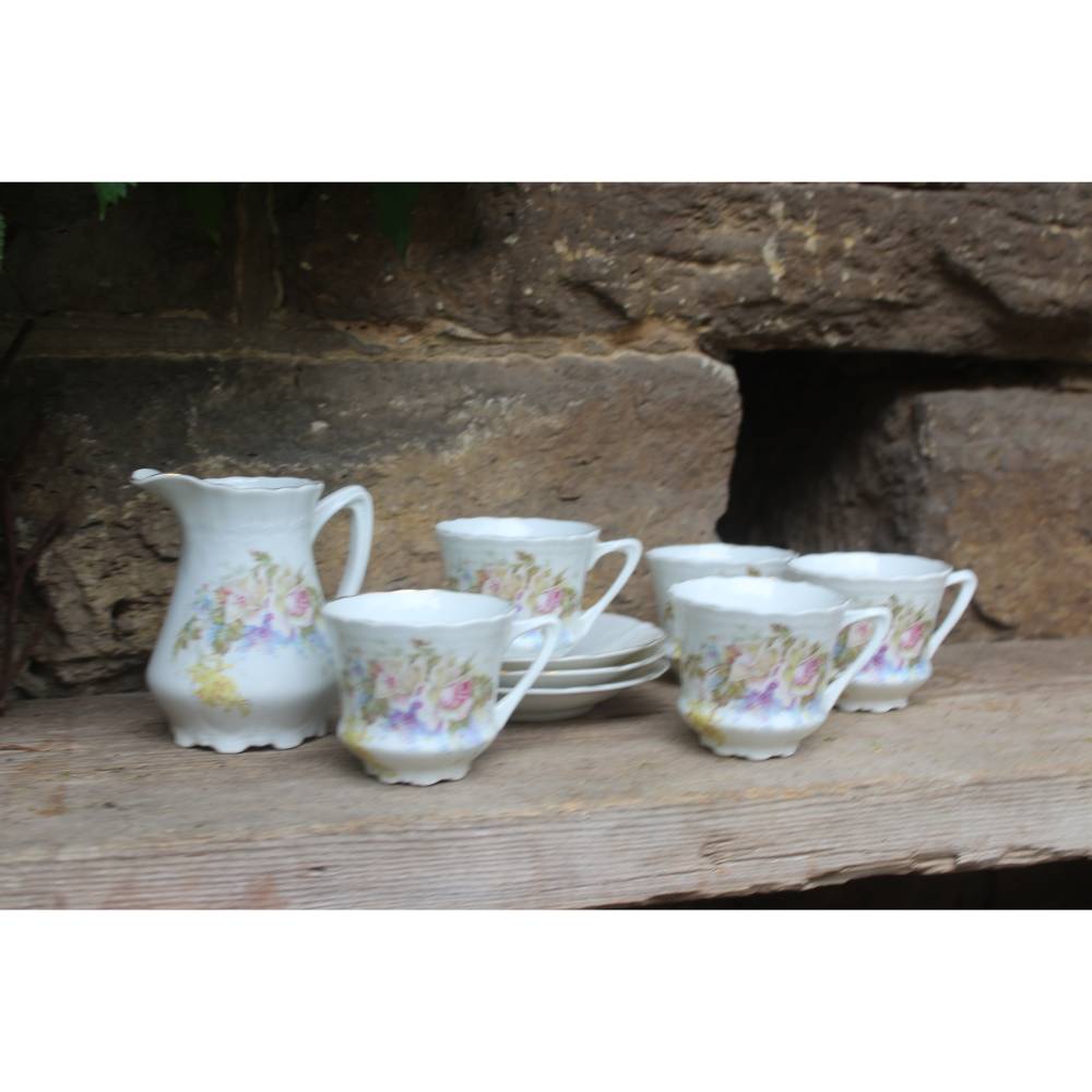 Jugendstil Kaffeetassen + Milchkännchen Set / Blumen Rosen Dekor / Carl Tielsch Altwasser Porzellan um 1900