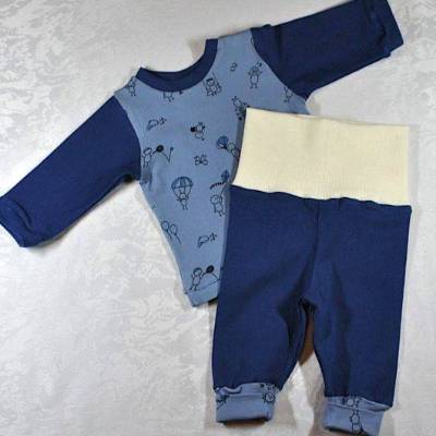 Baby-Set Gr.56, Langarmshirt und Leggins, blau-Strichmännchen Geschenk zur Geburt