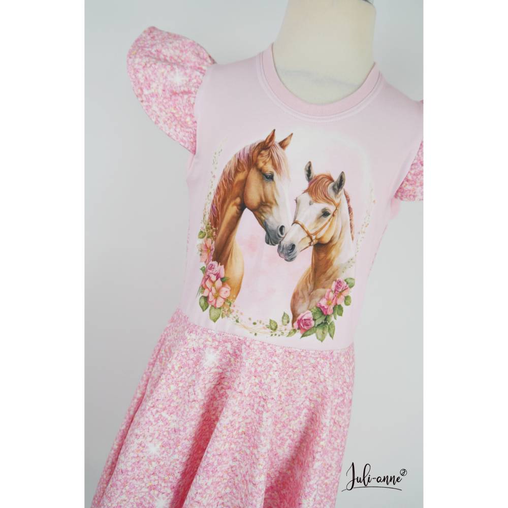Drehkleid - Kleid mit Drehrock Pferde Fake Glitzer Rosa #Einschulung