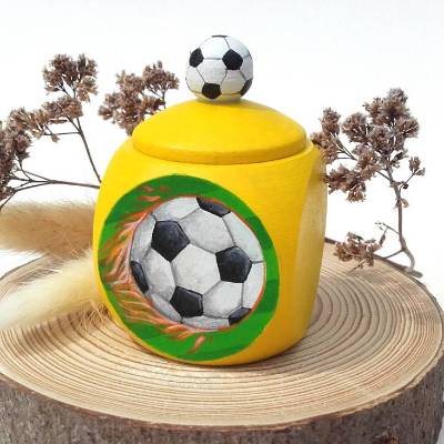 Milchzahndose Zahndose mit Fußball, Schatzdose handbemalt mit Wunschtext, gelb