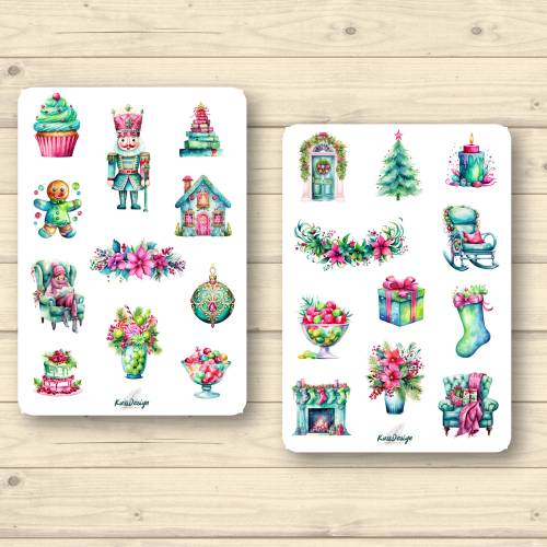 Sticker Set Weihnachten in Pink und Grün