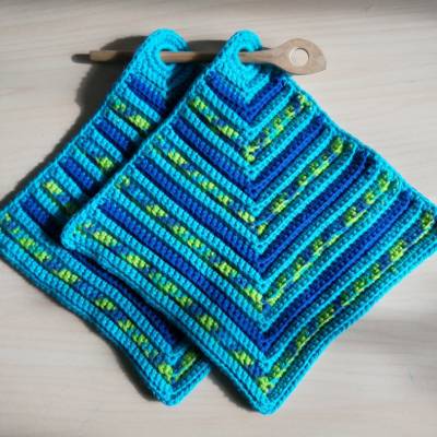 Topflappen gehäkelt, 2er Set im Rippenmuster, Türkis-Blau-Grünmeliert,
