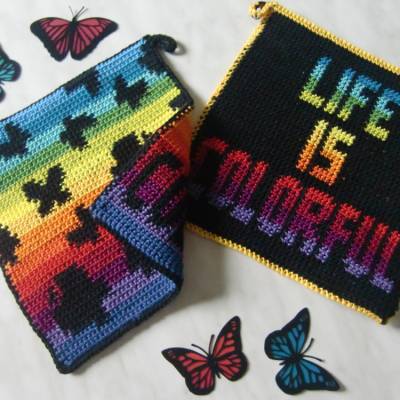 DIY Häkelanleitung Doubleface-Topflappen Schmetterlinge in Regenbogenfarben (PDF)