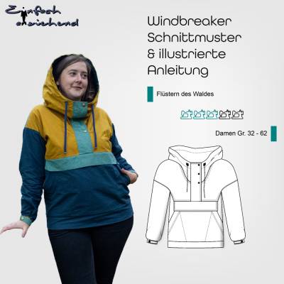 PDF Schnittmuster Damen Windbreaker in den Größen 32-62 mit Kapuze, Tasche(n), Webware und Maschenware, ungefüttert