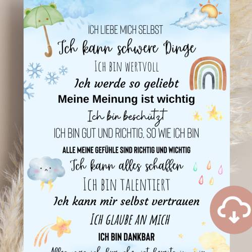 Affirmationsposter Kinder als Sofort Download, Digitale Datei Kinderzimmer Poster mit positiven Glaubenssätzen und Botsc