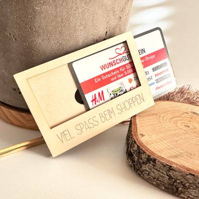 Hülle für Geschenkgutschein "Viel Spaß beim Shoppen", Geldgeschenk, Holz