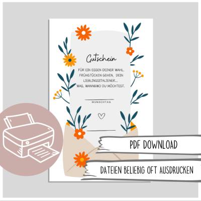 Gutschein zum Ausdrucken, Geschenkgutschein, Gutschein zum Essen gehen, Zeit zu zweit schenken