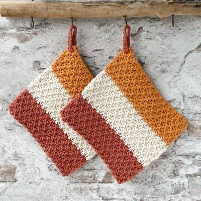 Topflappen, 1 Set / 2 Stück, Baumwolle, rostbraun, naturweiß, mandarine, Blockstreifen, Handarbeit, gehäkelt,