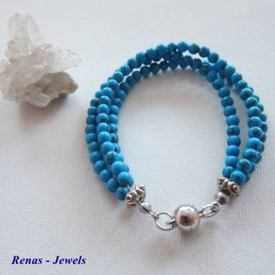 Edelstein Armband dreireihig Türkis Perlen blau silberfarben Türkisarmband Edelsteinarmband