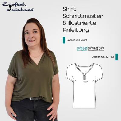 PDF Schnittmuster Damen Shirt Größe 32 - 62 mit besonderem V-Ausschnitt, angeschnittene Ärmel, deutsche Nähanleitung