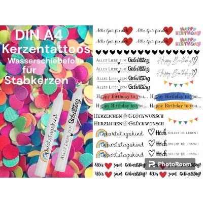 Geburtstag | Kerzentattoos Kerzenfolie Wasserschiebefolie DINA4 | Sprüche | Kerzen zum selbst verzieren | Stabkerze