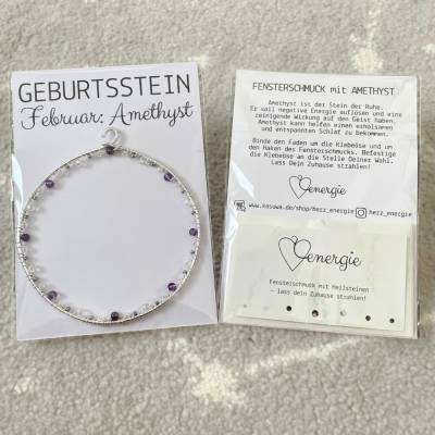 Geburtsstein Februar - Fensterdeko mit Heilstein Amethyst - Karte zum Geburtstag oder zur Geburt