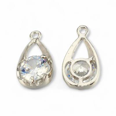 1- 2 Tropfen-Anhänger/charms, mit Zirkon, platinfarben, 19x10,5x4,5mm