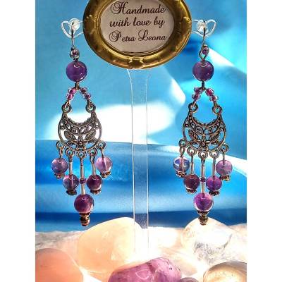 Boho Chandelier-Ohrringe AMETHYST Edelstein Geburtsstein FEBRUAR FISCHE JUNGFRAU STEINBOCK Vintage Ethno Schmuck