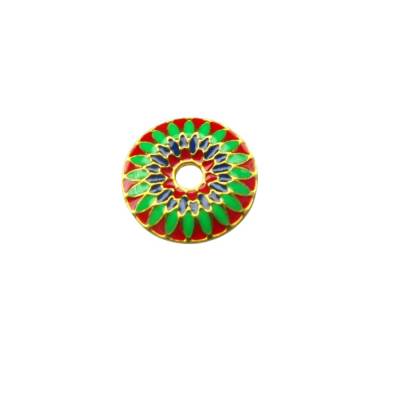 1 runder Emaille-Anhänger, bunte Scheibe, 15mm ∅, mit Collierschlaufe, vergoldet