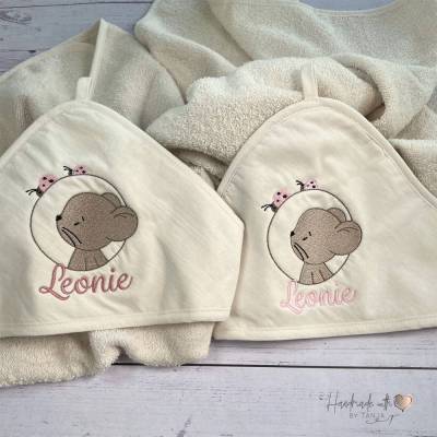 Kapuzenhandtuch mit Maus Motiv & Namen bestickt - 2 Größen - viele Farben - Geschenkidee Baby