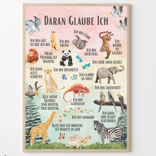 Affirmationsposter Tiere Kinderzimmer mit positiven Glaubenssätzen für kleine Helden, Safari Wandbild