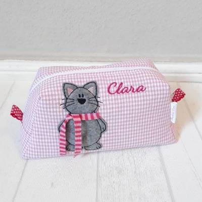 Kosmetiktasche "Katze mit Schal", mit Namen bestickt, Geschenk für Mama, Geschenk für Teenager, Babygeschenk