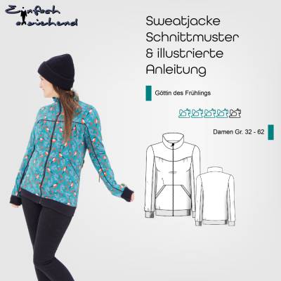 PDF Schnittmuster Damen Sweat Jacke Größe 32 - 62 mit Reißverschluss, Teilungen und Stehkragen, deutsche Nähanleitung