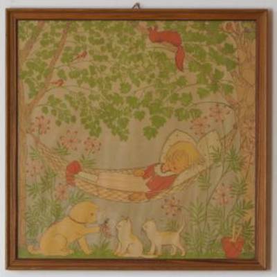Wandbild Bella Vichon, Franz Čižek Kunstgewerbeschule Wien Motiv schlafendes Mädchen Farblithographie Quadratisch