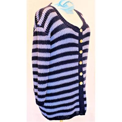 Longstrickjacke für die starke Frau Gr.48/50 in Marine/Azur gestreift