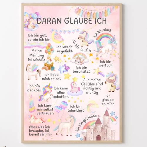 Einhorn Poster Kinderzimmer mit positiven Affirmationen, Einhorn Wandbild Kinderzimmer, Positive Glaubenssätze