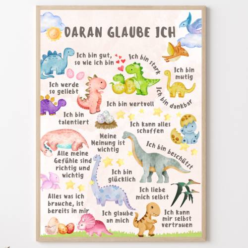Dino Poster Kinderzimmer mit positiven Affirmationen, Dinosaurier Dekoration Kinderzimmer, Positive Glaubenssätze