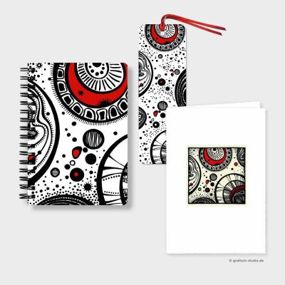 Schreibwaren-Geschenkset "Kreise", Notizblock, Lesezeichen, Kunstkarte, Handgemachte Kreativität für jeden Anlass