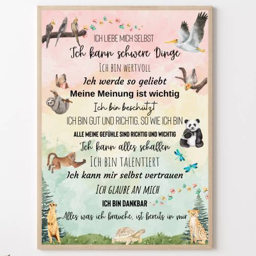 Kinderzimmer Poster Affirmationen für Kinder, Glaubenssätze Bild Kinder mit Tiermotiven