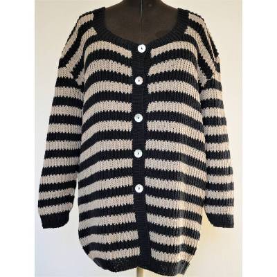 Longstrickjacke für die starke Frau Gr.52/54 in Schwarz/Beige gestreift