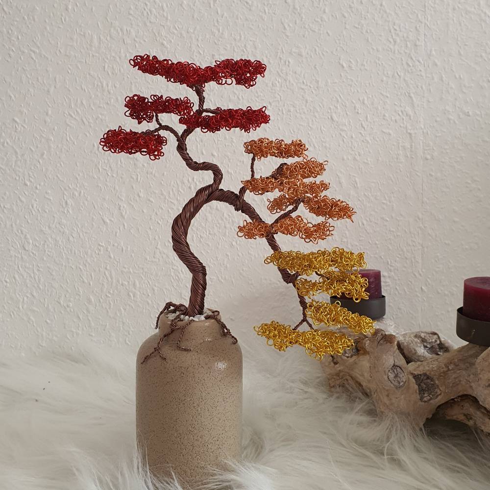 Tricolor Bonsai-Drahtbaum Unikat  Handgemachte Drahtkunst im Asia Look,  Geschenk & Deko