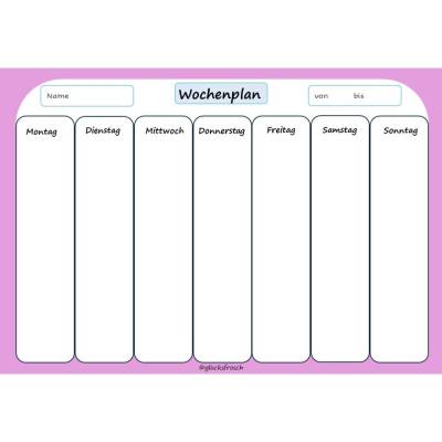 Wochenplan, 4 St., gelb, rosa, hellblau und weiß, PDF zum Ausdrucken