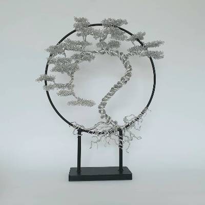 Drahtbaum im Asia Look – Handgemachter Lebensbaum aus Aluminium in Silber mit Metallring Ständer – Unikat Geschenkidee