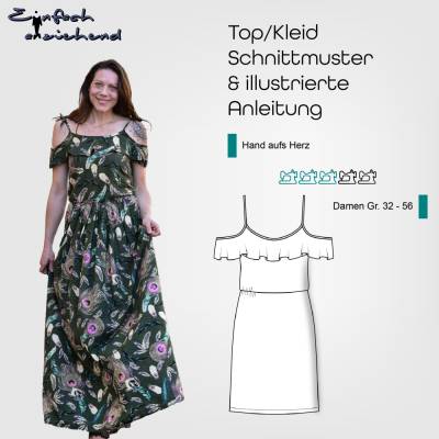 PDF Schnittmuster Damen Kleid / Shirt Größe 32 - 56 mit Volant Ausschnitt und Spaghetti-Trägern, deutsche Nähanleitung