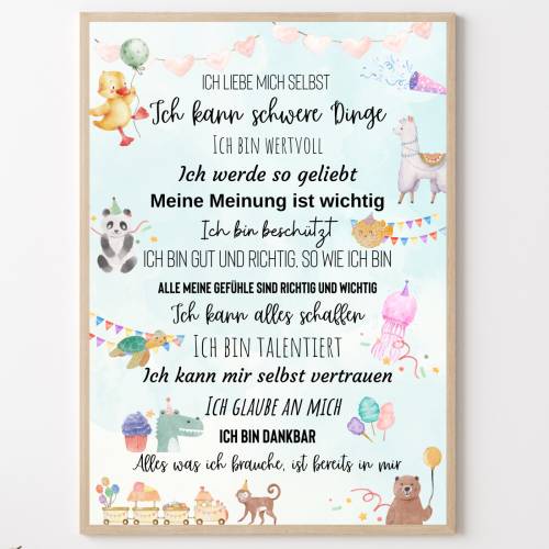 Kinderposter Tieren mit positiven Botschaften, Positive Glaubenssätze Affirmationsposter Kinderzimmer, Mutmacher