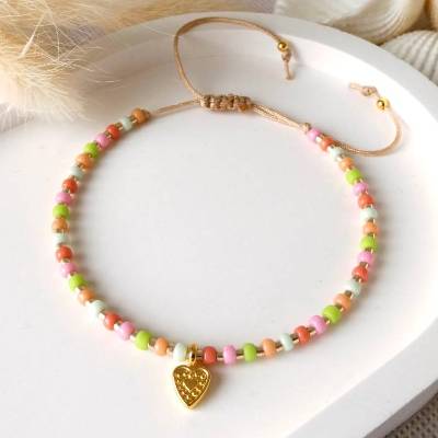 Armband Herz, Perlenarmband Damen, orange hellrot pink hellgrün, kleine Geschenke für F
